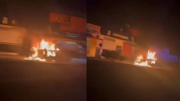 Patrulla de la SSPM se incendia en plena avenida Santa Rosa de Mazatlán, Sinaloa; agentes logran salir ilesos