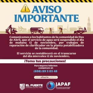 Suspensión de agua potable en comunidad Dos de Abril, en El Fuerte