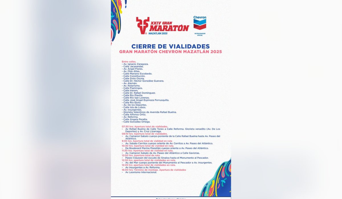 Vialidades cerradas por el Gran Maratón Chevrón 2025 en Mazatlán