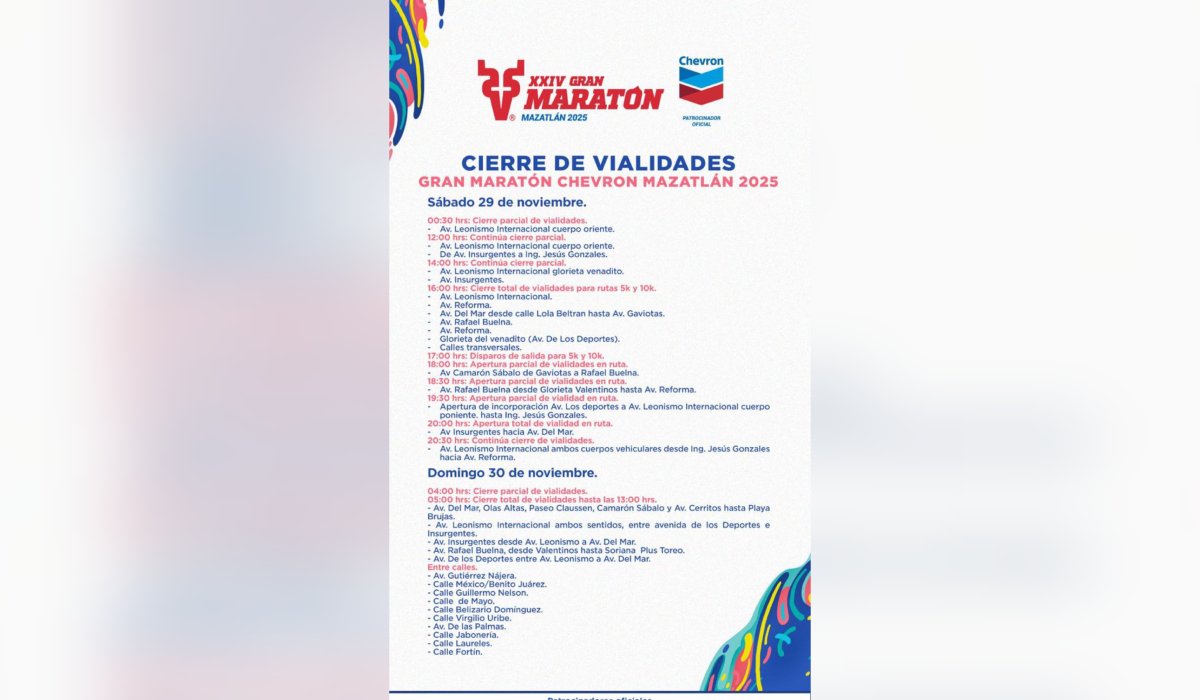 Vialidades cerradas por el Gran Maratón Chevrón 2025 en Mazatlán