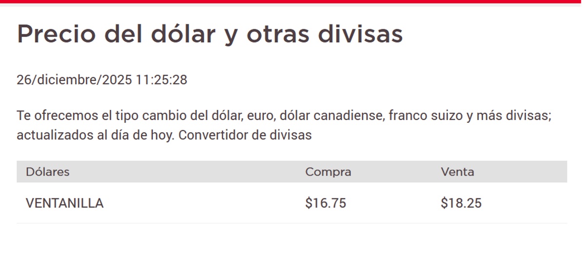 DOLAR BANORTE 26 DIC 25