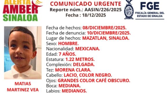 Activan Alerta Amber por desaparición de Matías, de 7 años, en Mazatlán, Sinaloa