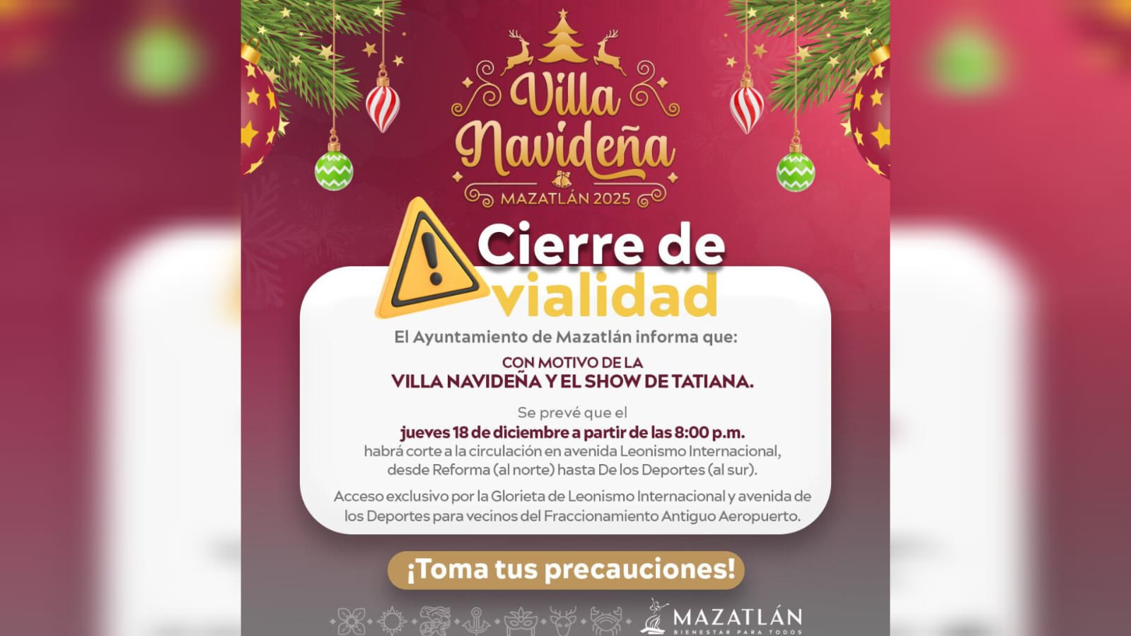 Por inauguración de Villa Navideña, cerrarán avenida en Mazatlán