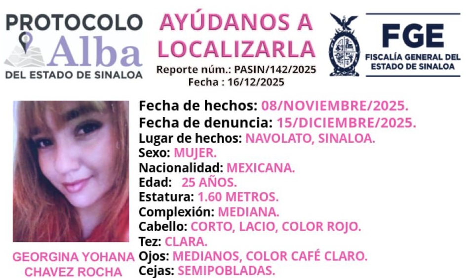 Georgina desaparecida en Navolato, Sinaloa