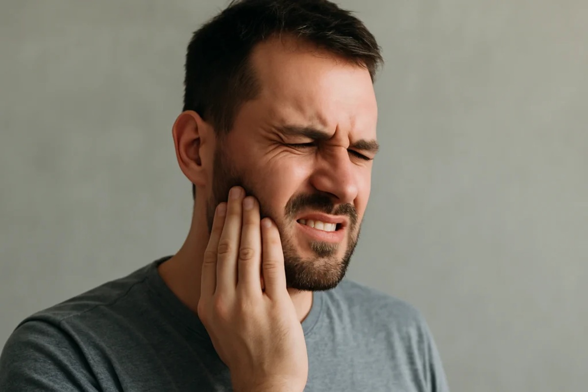 Hombre con dolor en la mandíbula, síntomas del bruxismo