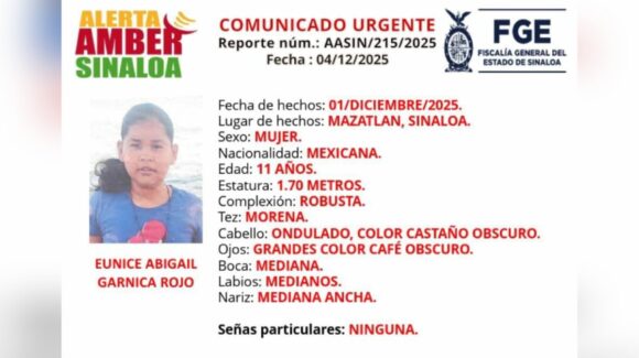 Activan Alerta Amber para localizar a Eunice Abigail, menor que desapareció en Mazatlán, Sinaloa