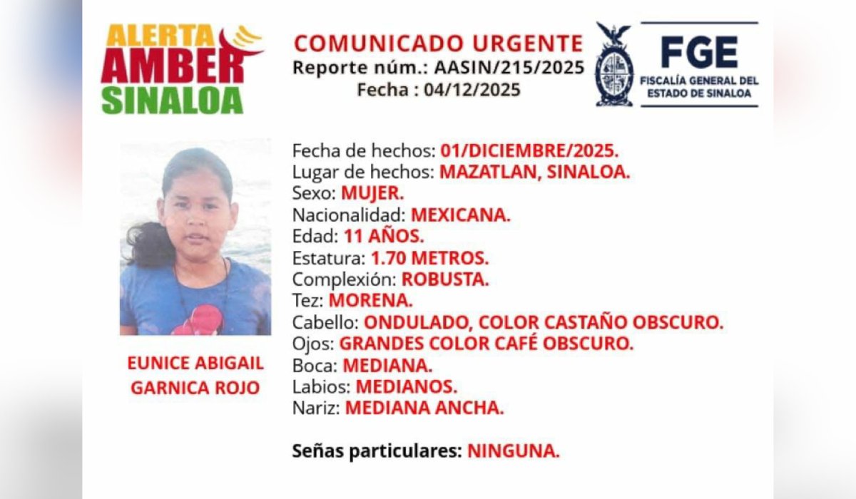 Eunice Abigail Garnica Rojo, menor desaparecida en Mazatlán