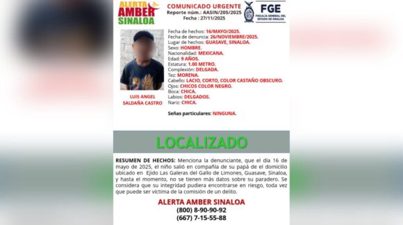 Localizan a menor reportado como desaparecido en Guasave, Sinaloa