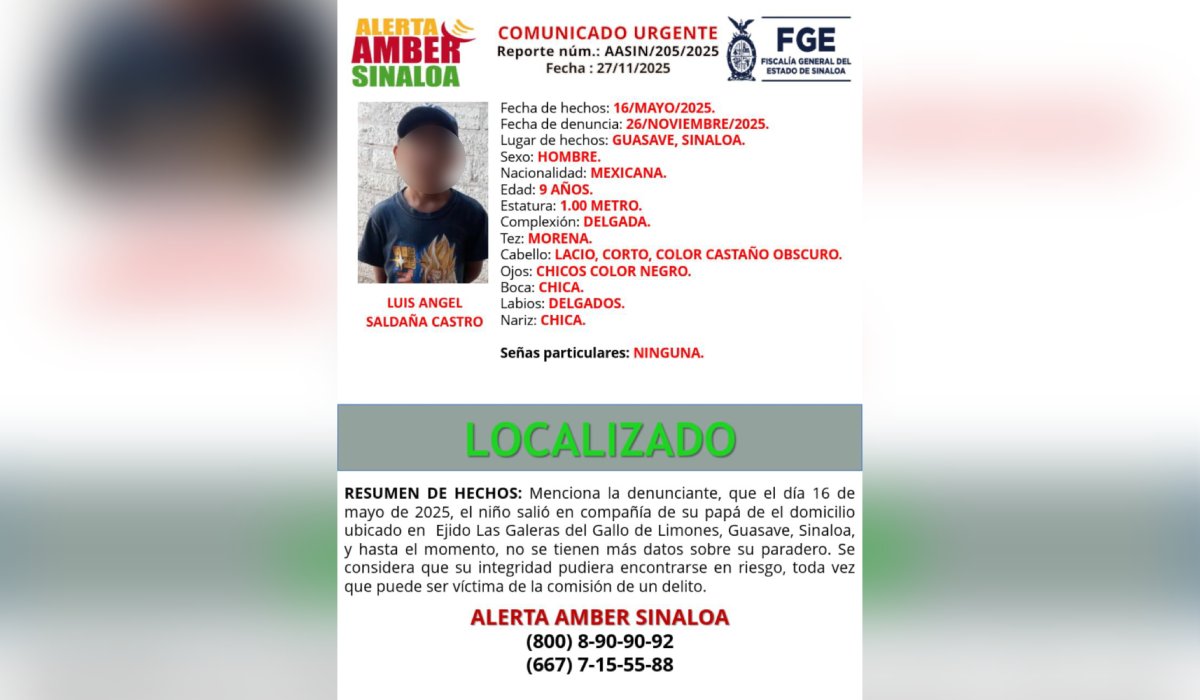Luis Ángel Saldaña Castro, menor desaparecido localizado en Guasave, Sinaloa