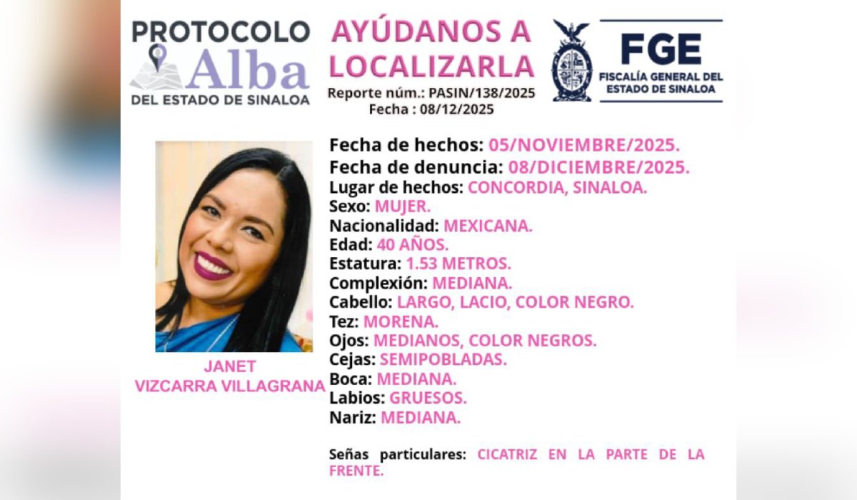 Janet Vizcarra Villagrana, desaparecida en Concordia, Sinaloa