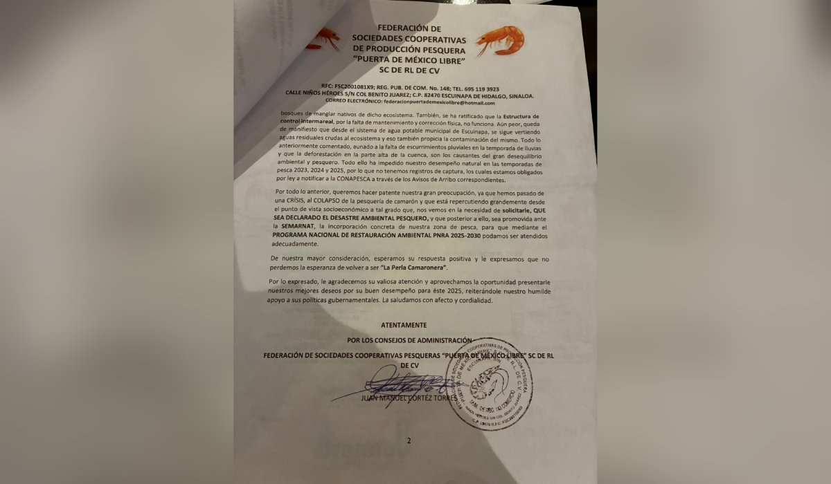 Oficio de camaroneros del sur de Sinaloa para el Gobierno del Estado