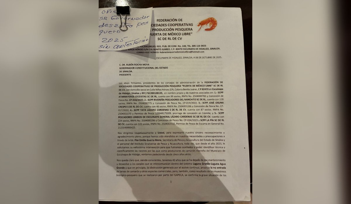 Oficio de camaroneros del sur de Sinaloa para el Gobierno del Estado