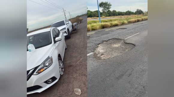 Gran bache ocasiona la pinchadura de llantas de varios vehículos por la México 15 en El Carrizo, Ahome