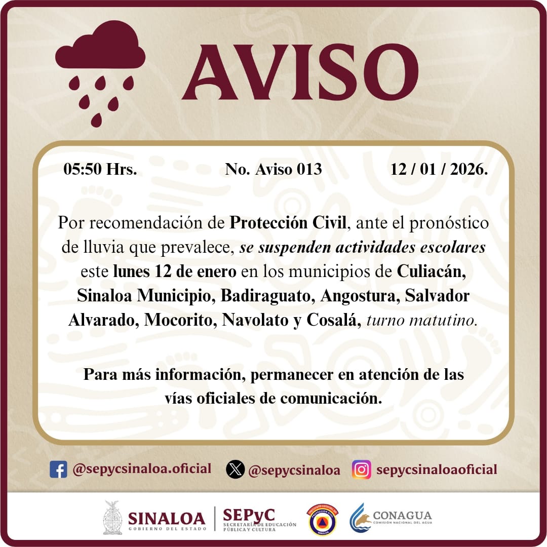 Suspenden clases en la zona centro de Sinaloa
