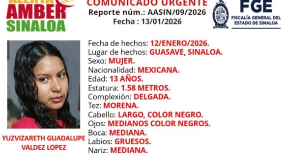 Activan Alerta Amber por desaparición de adolescente de 13 años en Guasave, Sinaloa
