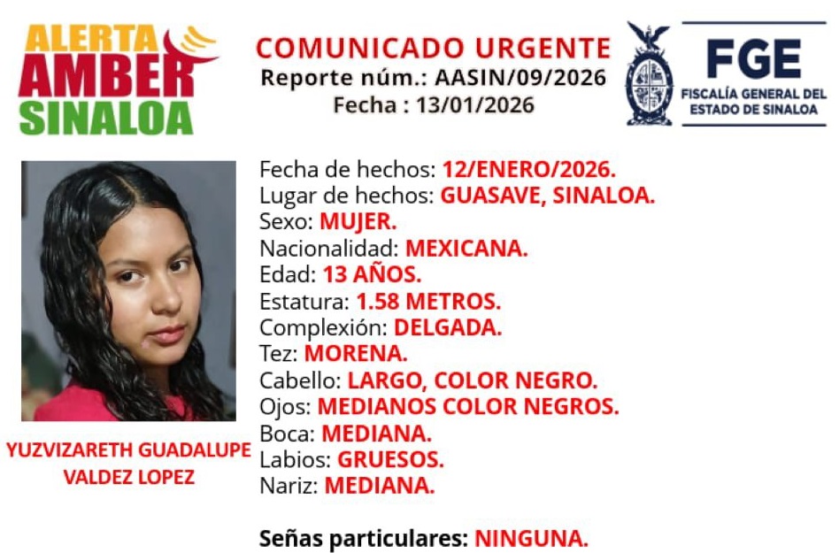 Alerta Amber por desaparición de adolescente en Guasave