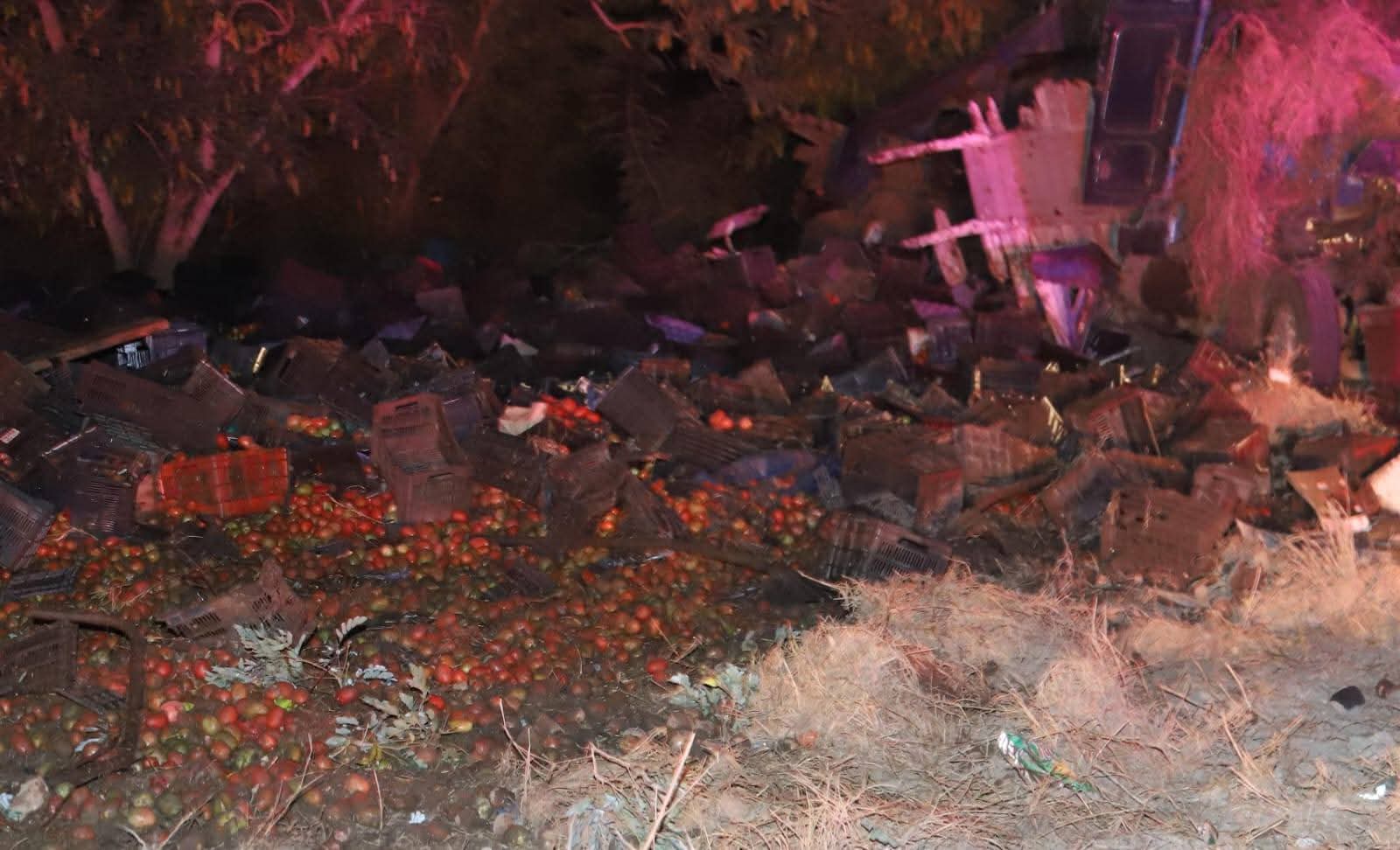 Camión cargado de tomate vuelca en la maxispita en Mazatlán