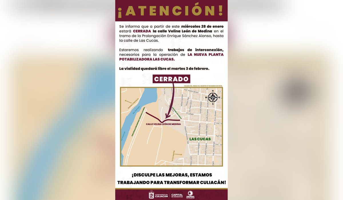 Cierre de la vialidad Velina León de Medina en Culiacán, Sin.
