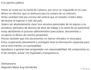 Comunicado de Alejandra Ang