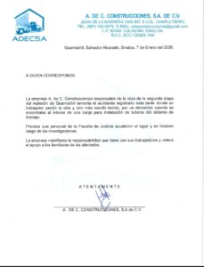 Comunicado de constructora encargada de obra del malecón de Guamúchil donde falleció un trabajador