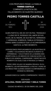 Comunicado del fallecimiento de Pedro Torres