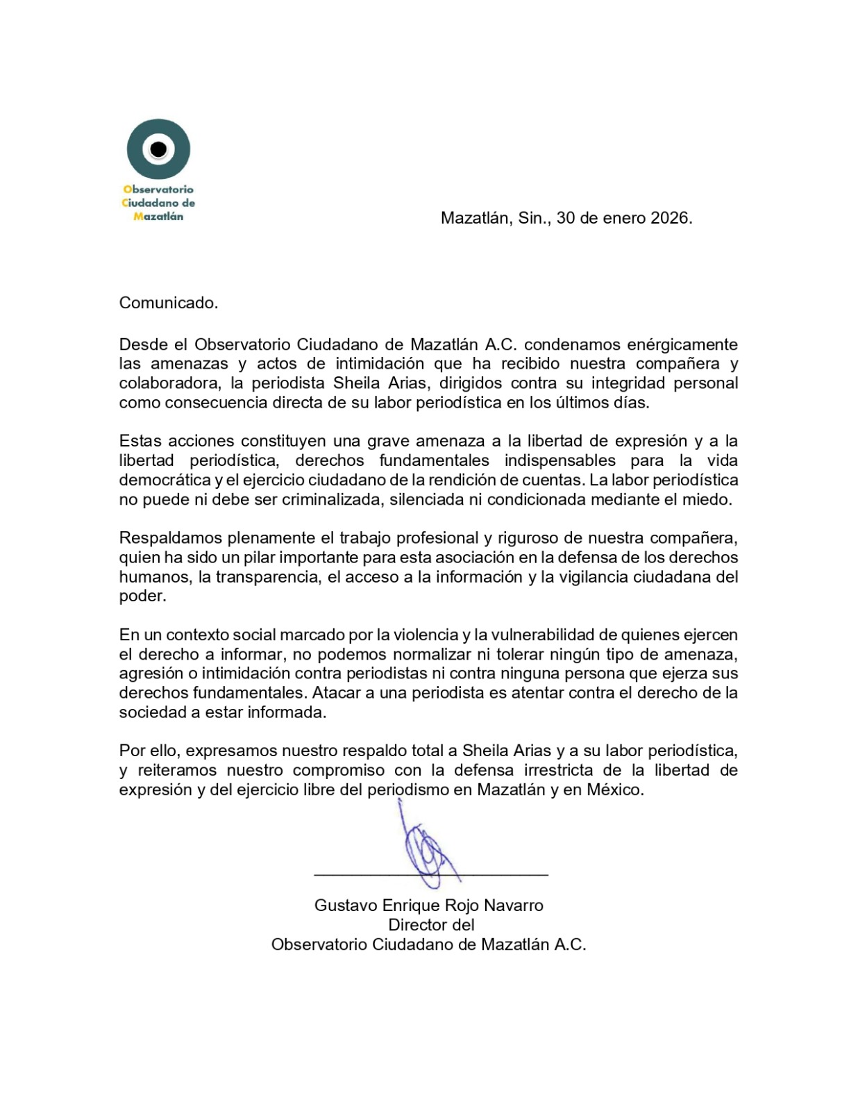 Comunicado del Observatorio Ciudadano de Mazatlán A.C. sobre Sheila Arias Martínez