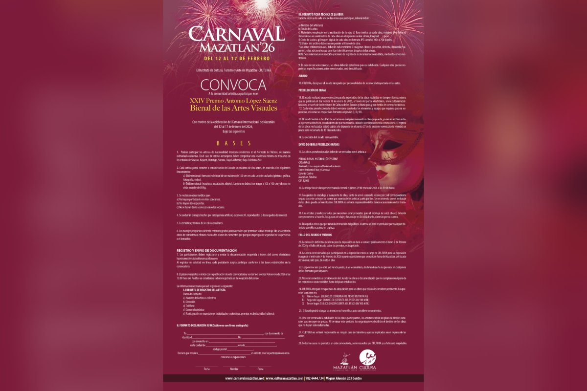 Convocatoria Premio Antonio López Sáenz en el Carnaval Internacional de Mazatlán