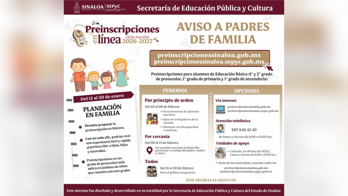 aviso de preinscripciones en escuelas de Sinaloa