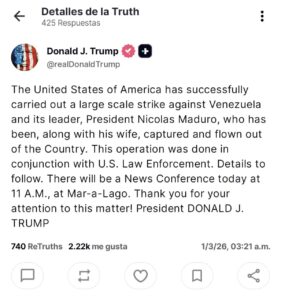 Publicación de Trump en Truth Social sobre Venezuela y Maduro