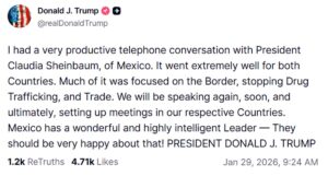 Publicación de Donald Trump sobre Claudia Sheinbaum