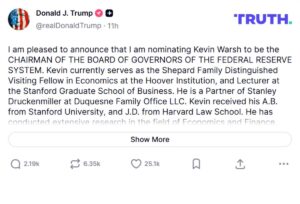Trump nomina a Kevin Warsh para presidir la Reserva Federal en sustitución de Jerome Powell
