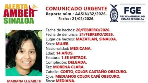 Activan Alerta Amber por la desaparición de Mariana en Mazatlán, Sinaloa