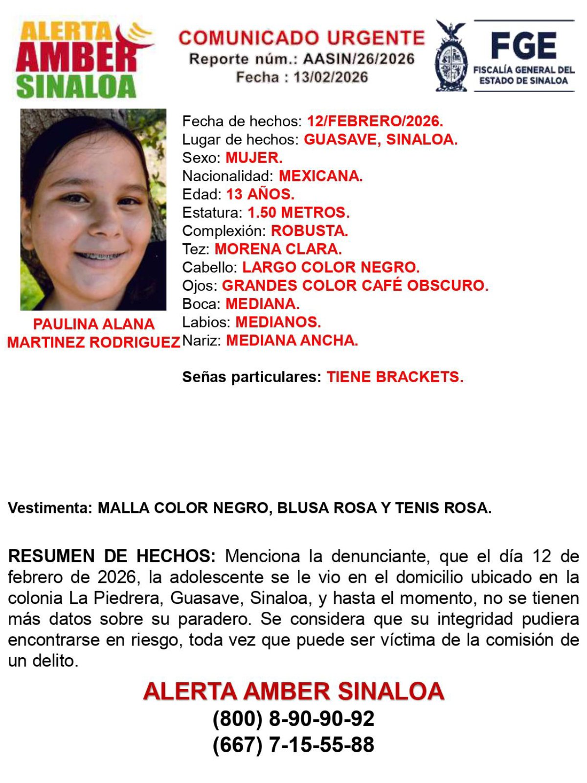 Alerta Amber para localizar a la adolescente Paulina Alana Martínez Rodríguez