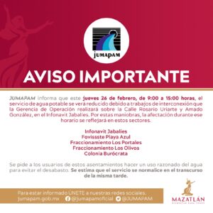 Aviso de Jumapam por suspensión de agua potable