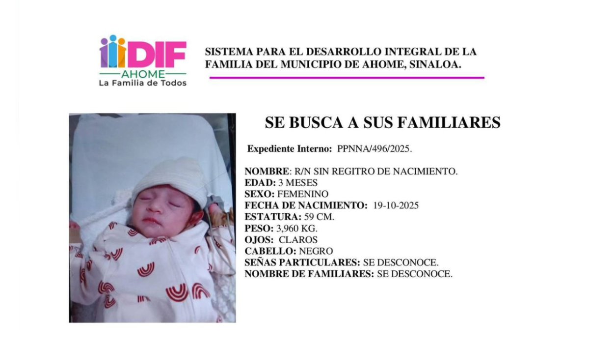 DIF Ahome busca a la madre de bebé abandonada en el HG de Los Mochis para registrarla
