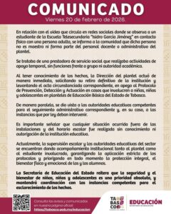 Comunicado de la Secretaría de Educación de Tabasco