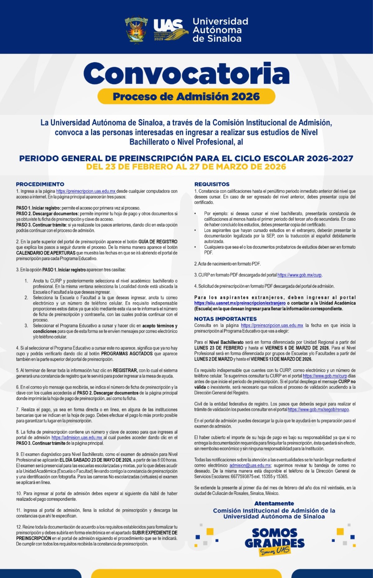 Convocatoria preinscripciones UAS