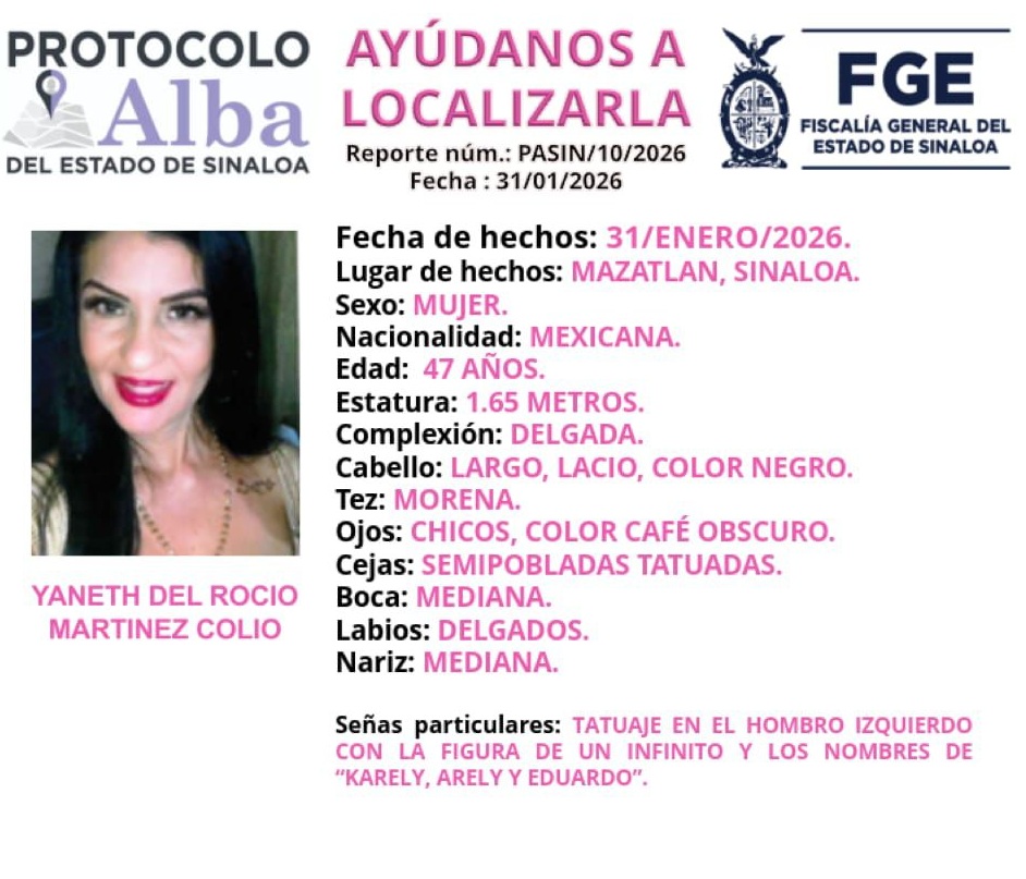 Ficha de búsqueda de mujer desaparecida en Mazatlán