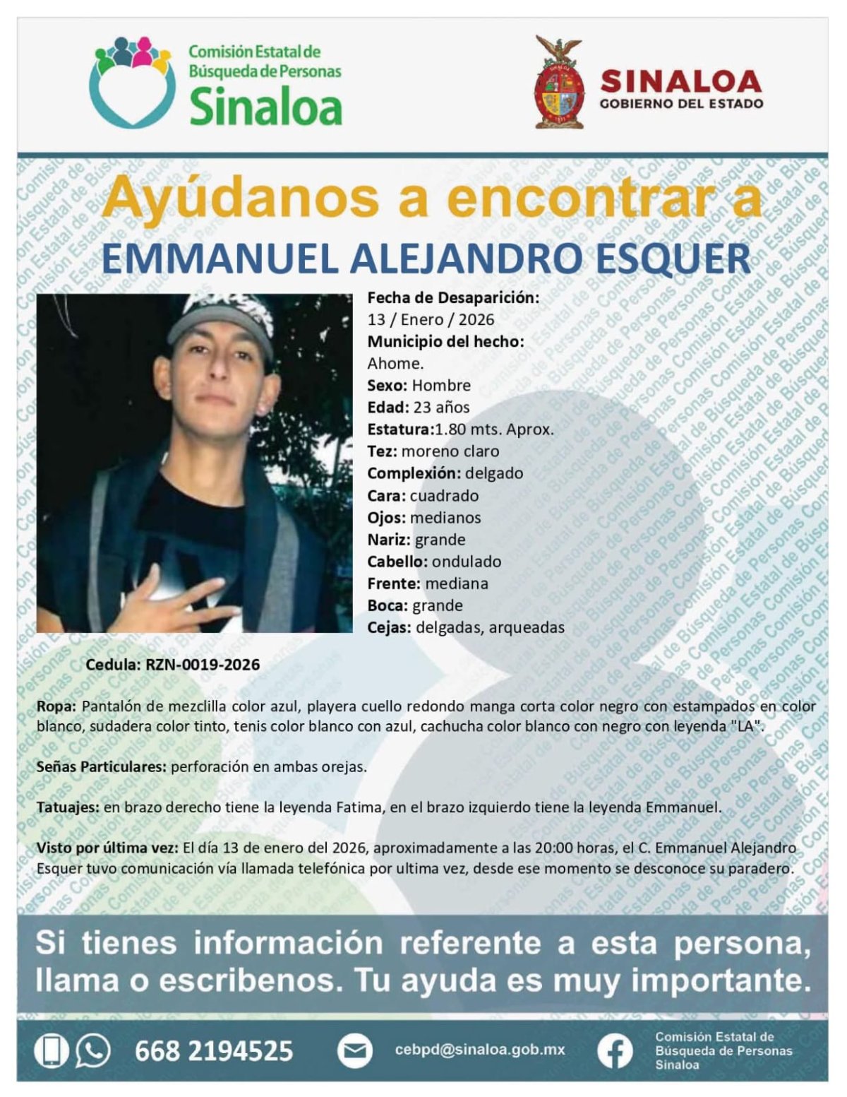 Alerta de búsqueda de Emmanuel Alejandro Esquer