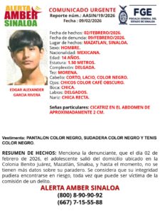 Ficha de Edgar Alexander García Rivera, desaparecido en Mazatlán. 