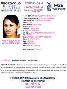 Protocolo Alba de Perla Elizabeth Valle González, desaparecida en Mazatlán