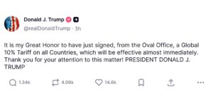 Publicación de Donald Trump sobre aranceles globales