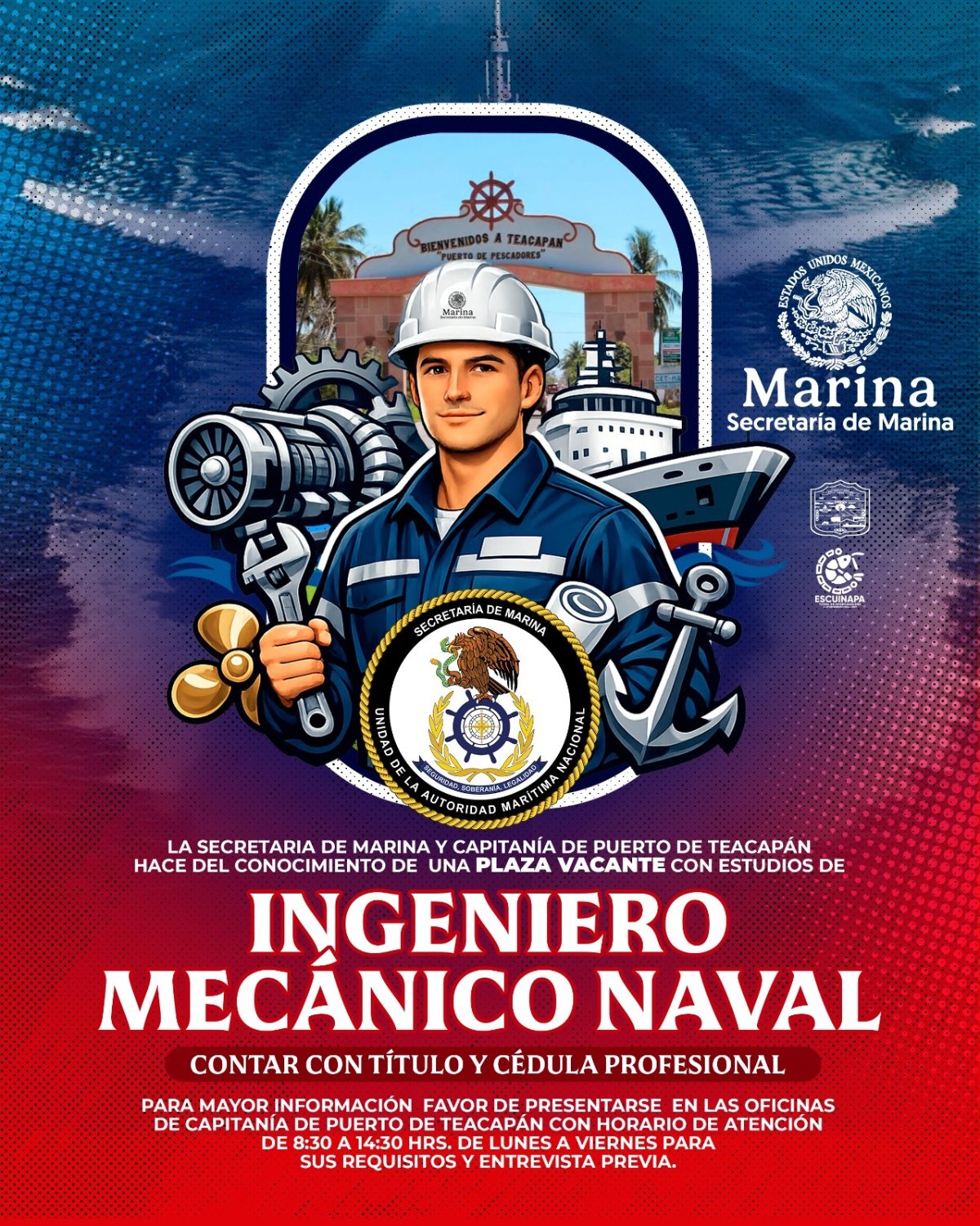 Marina abre vacante para Ingeniero Mecánico Naval en Teacapán