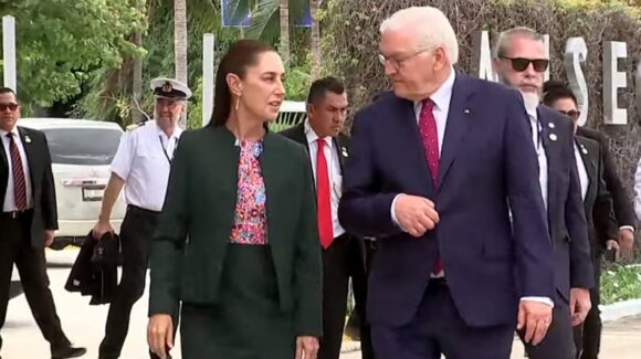 Claudia Sheinbaum recibe al presidente de Alemania, Frank-Walter Steinmeier, en el Museo Maya
