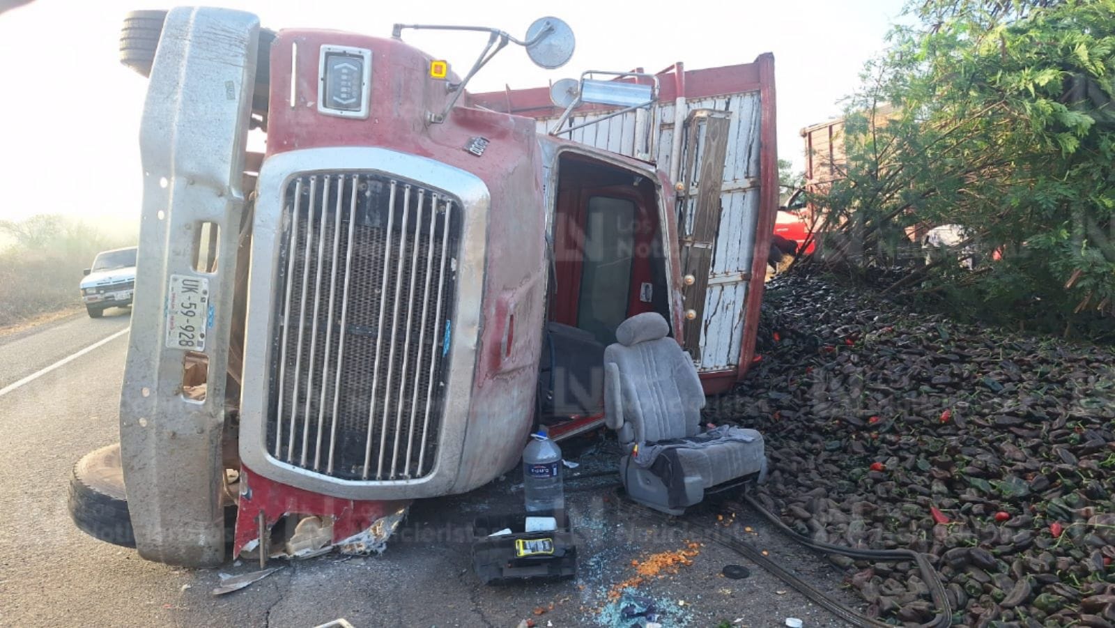 El camión quedó sobre su costado izquierdo, perdiendo toda la carga
