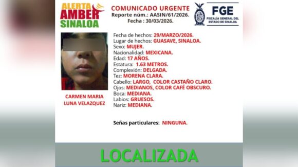 Localizan con vida a Carmen María, adolescente reportada en Alerta Amber en Guasave, Sinaloa