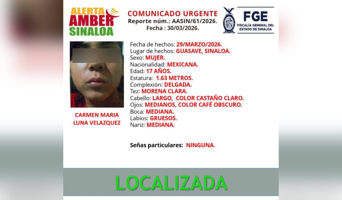 Adolescente desaparecida hallada con vida en Guasave, Sin.