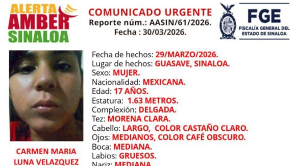 FGE activa Alerta Amber por desaparición de una adolescente en Guasave, Sinaloa