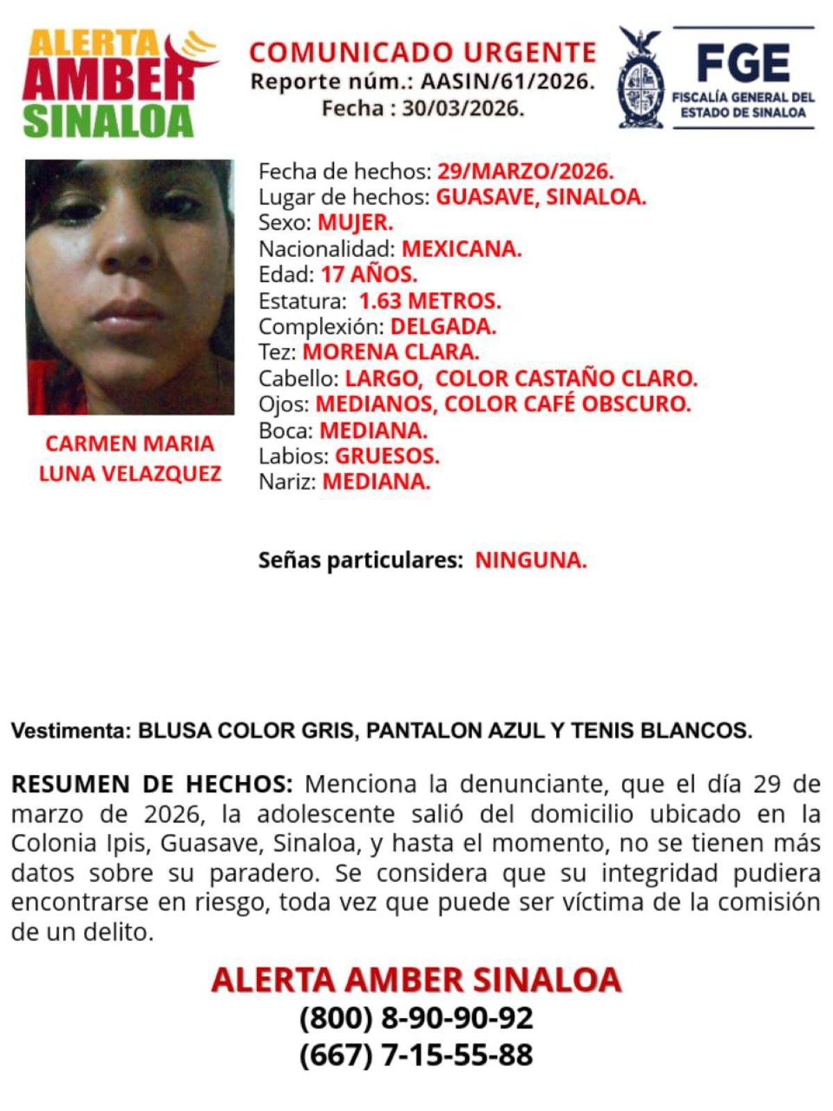 Alerta Amber de Carmen María Luna Velázquez