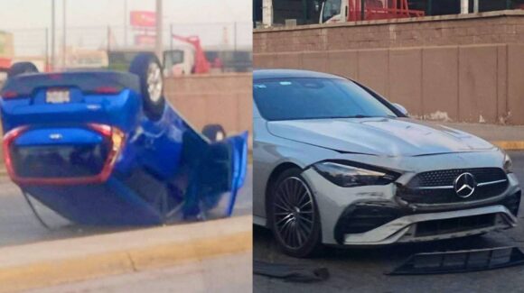 Aparatoso choque y volcadura en la avenida de La Marina deja daños materiales en Mazatlán, Sinaloa